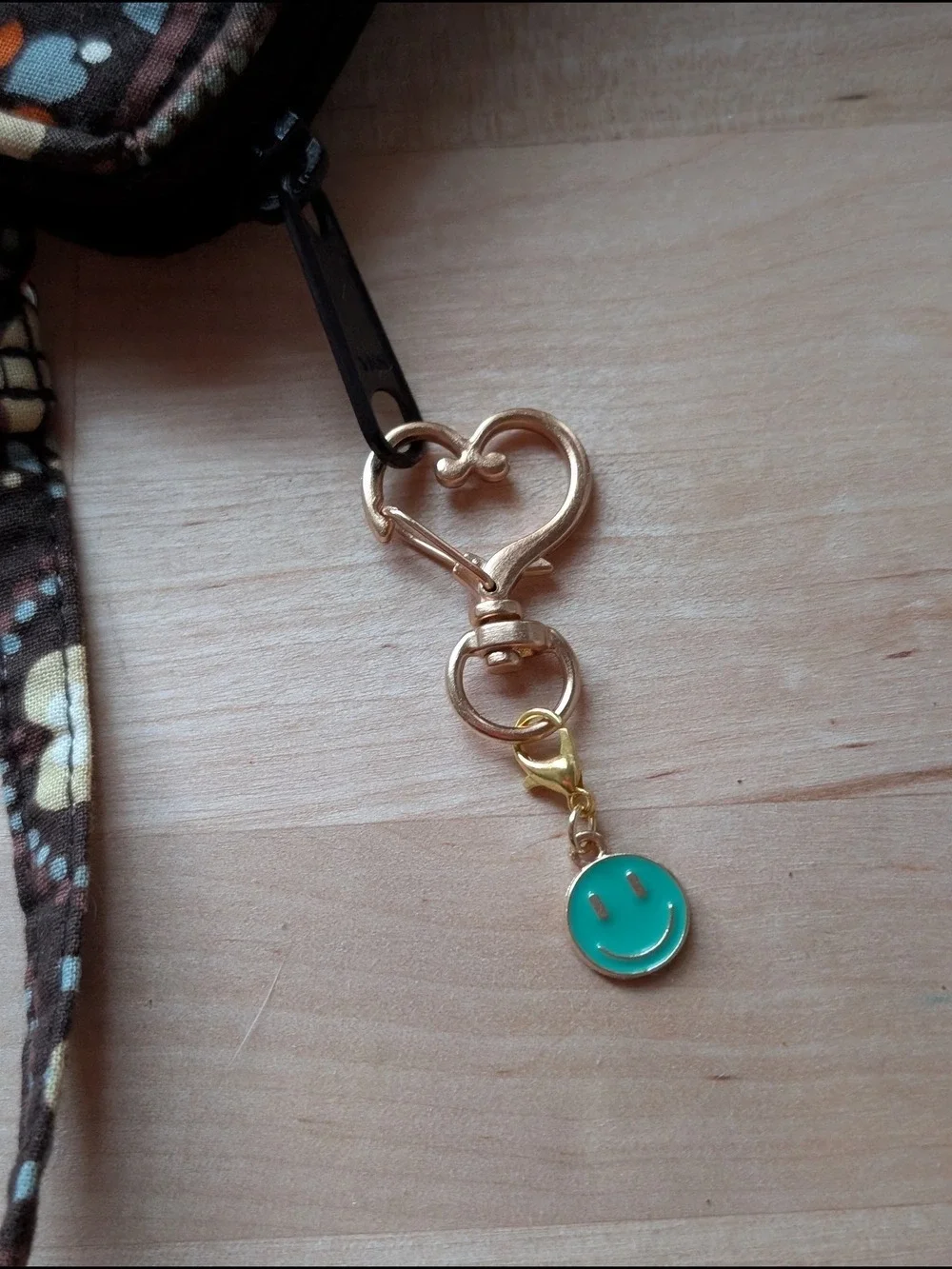 Gold Heart Clip Keychain with Teal Smile Charm